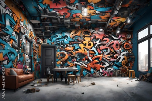 an edgy 3D rendering of a home wall transformed into a cinematic urban street art scene.  photo