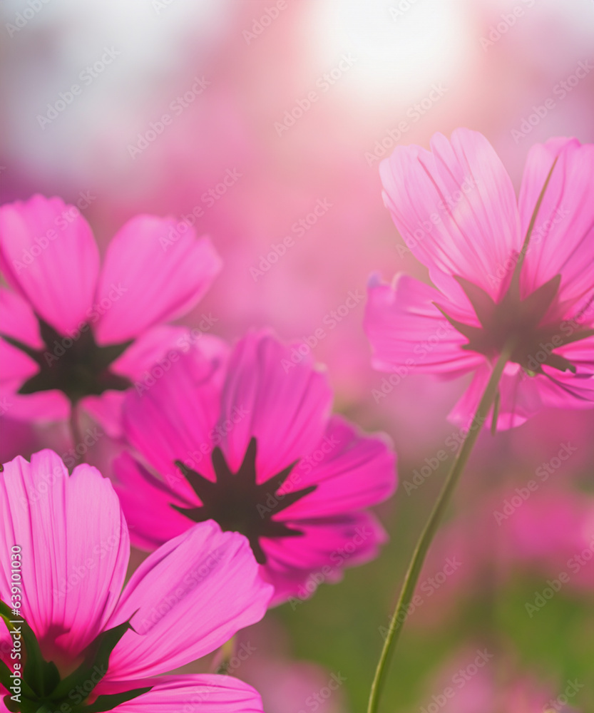 Background fully blooming pink cosmos flowers are shining in the light