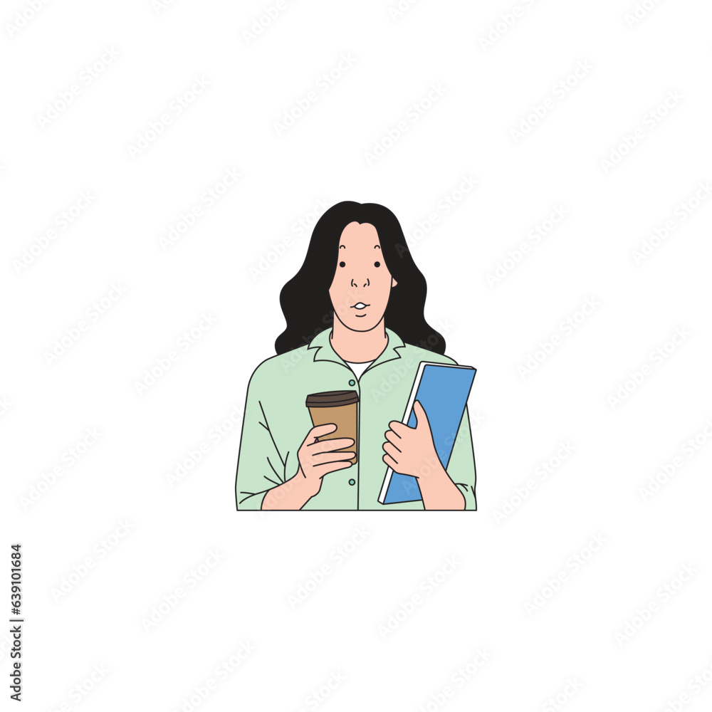 a woman with long hair was carrying notebooks and coffee drinks a woman with long hair was carrying notebooks and coffee drinks