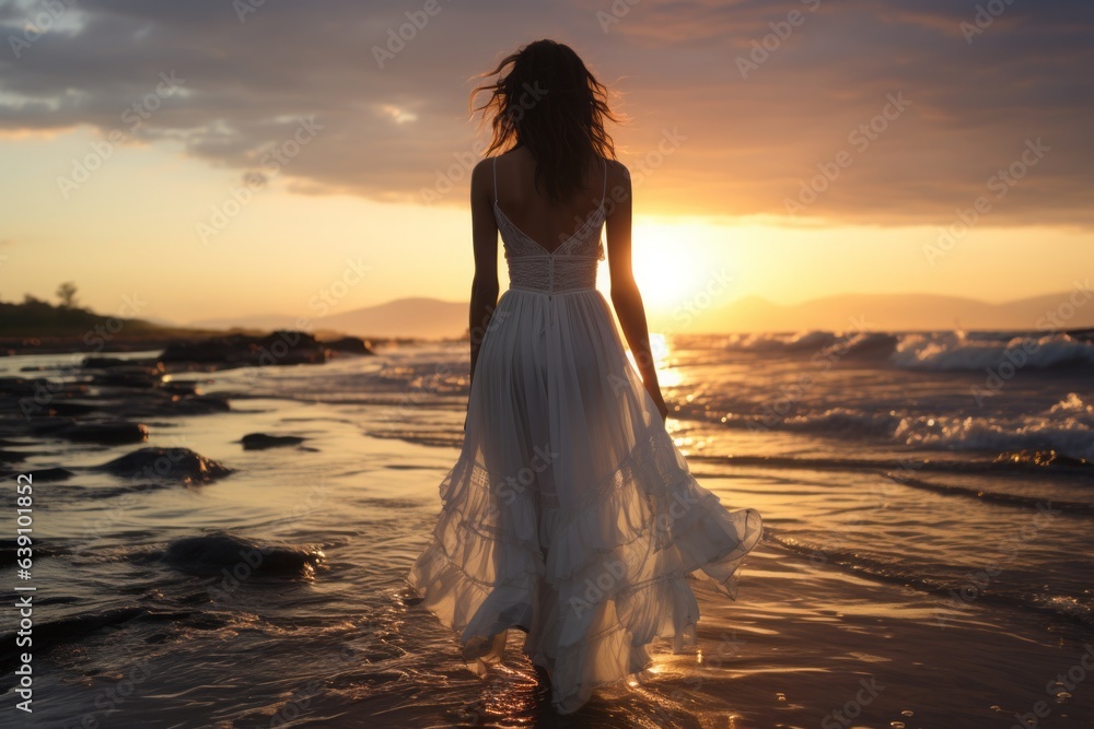 White dress on a model walking on the beach.