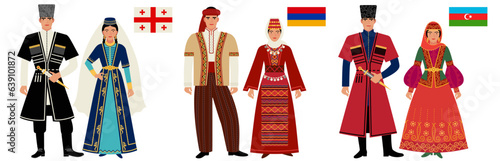 flags and national costumes of the South Caucasus countries