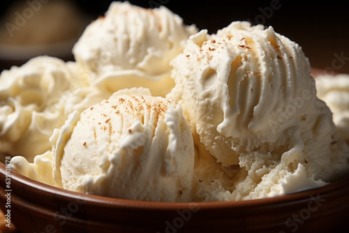 Textures: A close-up of a scoop of vanilla bean ice cream, showing tiny vanilla specks. 