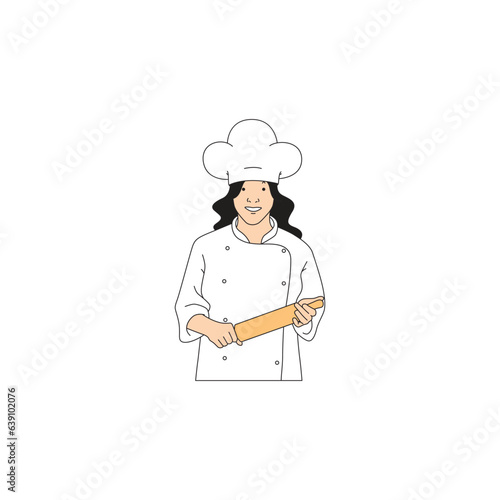 the long-haired female chef was carrying a wooden pestle