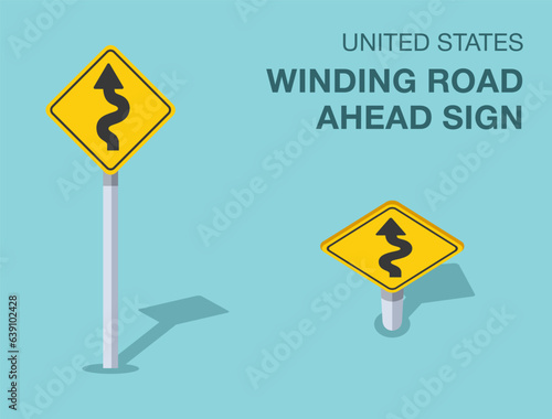 Traffic regulation rules. Isolated United States winding road ahead sign. Front and top view. Flat vector illustration template.