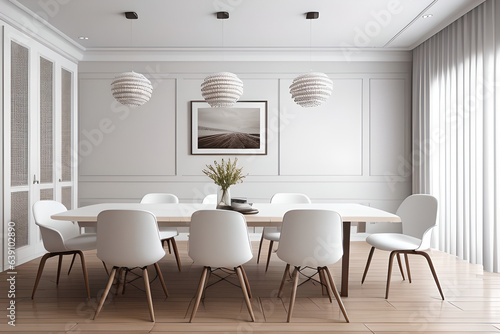 Stylish dining room interior design with modern white table, wooden chairs around a parquet. 3D rendering