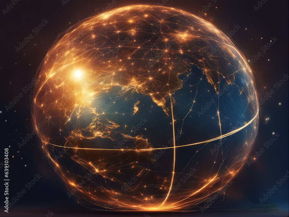 Earth globe with glowing connected lines and dots on dark background with Generative AI. Earth globe with glowing connected lines and dots on dark background with Generative AI.