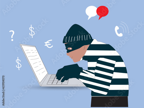Criminal hacker holding friends mask for hacking on mobile phone screen stealing money ,cyber crime, theft of personal data, password, credit card flat vector illustration.
