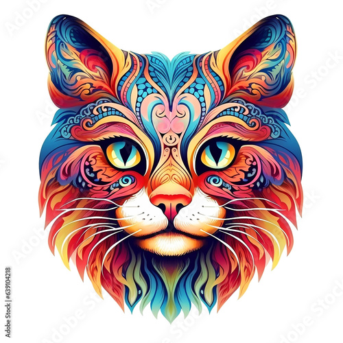 A Cat Face with a colorful representation of tattoo style and mandala art. Multicolor Cat Face in transparent background.