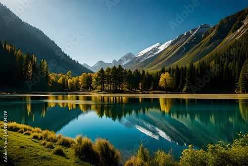A peaceful lakeside landscape reflecting a clear blue sky and surrounded by vibrant trees  evoking a sense of calm and serenity