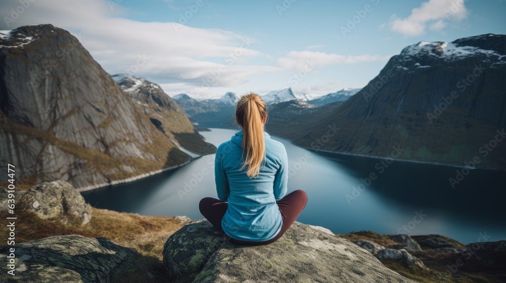 Woman is practicing yoga between mountains in Norway