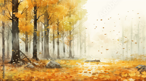watercolor background autumn rain in forest. 