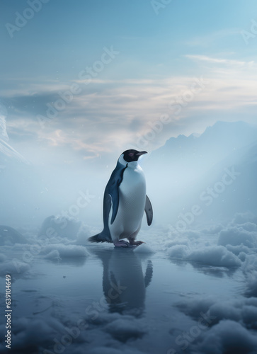 Imaginary  Misty  and Cloudy Atmosphere  Penguin in a Dreamlike Setting. Generative AI