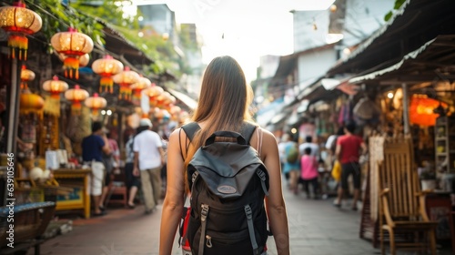 Young Asian traveling backpacker in Khaosan Road outdoor market in Bangkok, Thailand © Tahir
