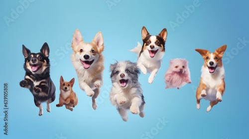 Young dogs jumping, playing, flying. Cute doggies or pets are looking happy isolated on colorful or gradient background. Studio. Creative collage of different breeds of dogs. Flyer for your ad