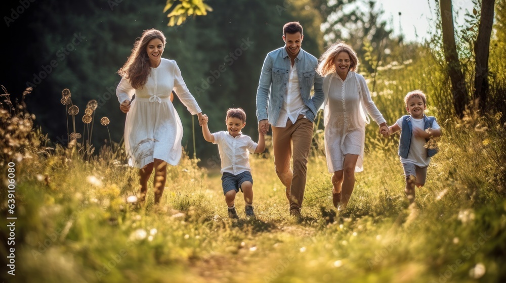 Fototapeta premium Young family with children having fun in nature