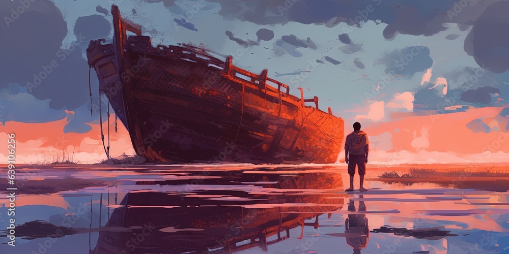 A man standing in a river with his shipwreck against the background of the sky upside down, digital art style, illustration painting - obrazy, fototapety, plakaty 