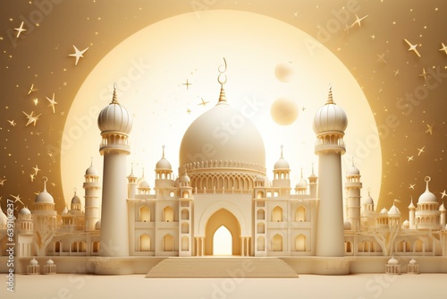 A stunning Islamic style mosque with a white exterior and a golden moon adorning the dome, perfect for a product display or Muslim invitation celebrating Eid Mubarak. It serves as a. Generative AI