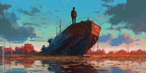A man standing in a river with his shipwreck against the background of the sky upside down, digital art style, illustration painting