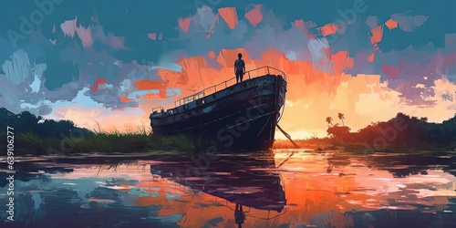 A man standing in a river with his shipwreck against the background of the sky upside down  digital art style  illustration painting