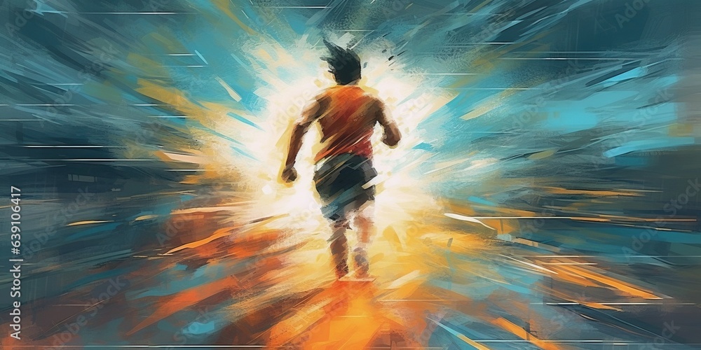 Back view of man running with motion effect, digital art atyle, illustration painting