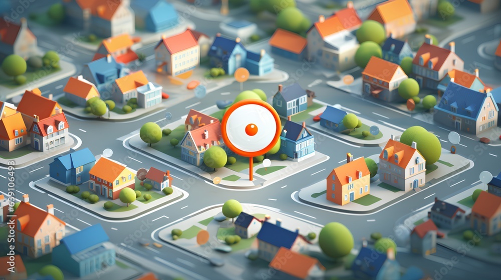 Geofencing technology. A stylized, miniature city model with a large geo pin prominently placed. The use of geofencing in urban areas for marketing, security, and logistics. Generative AI - obrazy, fototapety, plakaty 