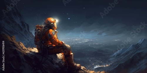 Astronaut sitting on cliff s edge and looking to fireflies  illustration painting
