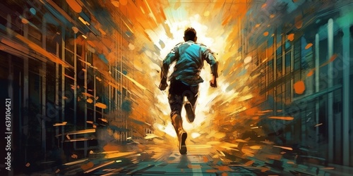 Back view of man running with motion effect, digital art atyle, illustration painting