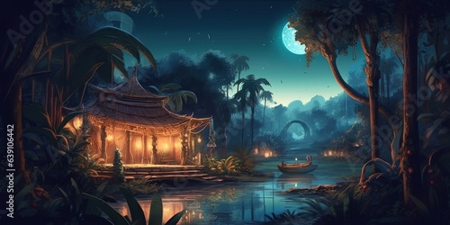 Beautiful landscape of garden at night with big crescent moon  digital art style  illustration painting
