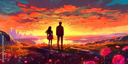 Beautiful scenery of the young couple standing in glowing flowers filed and looking sunset sky, digital art style, illustration painting