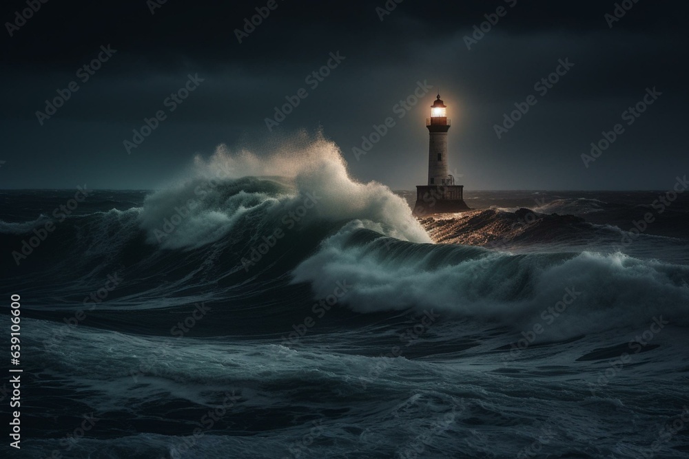 A night filled with storms, a lighthouse guiding through crashing waves under a foreboding sky. Generative AI