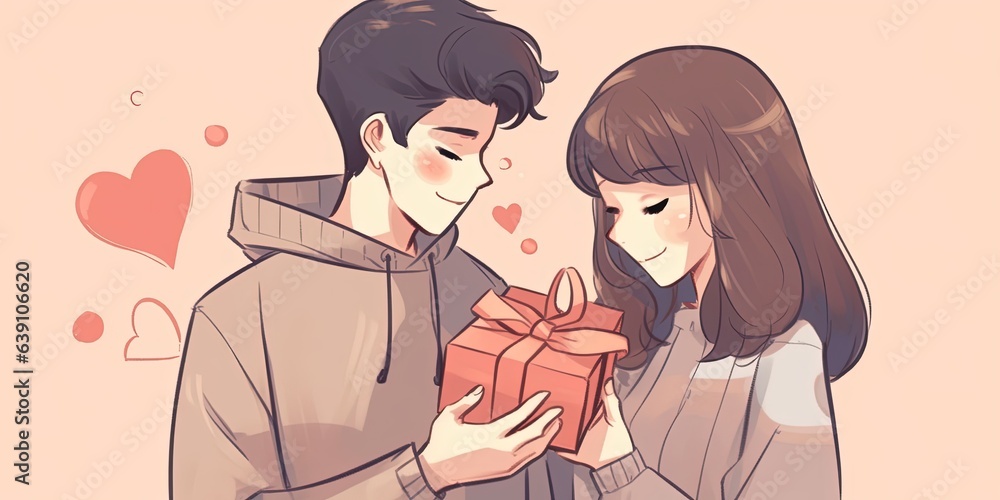 Couple in love woman give a gift to man in sweet pastel free hand line ...