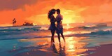 Couples embracing each other in love on the beach, digital art style, illustration painting