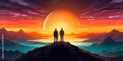 Couple of hikers on top of mountain looking at many suns in the sky  digital art style  illustration painting