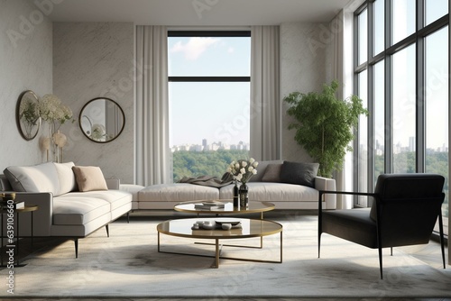 Chic living space with table and expansive view, featuring a placeholder frame. Generative AI