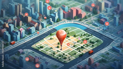 Geofencing technology. A stylized, miniature city model with a large geo pin prominently placed. The use of geofencing in urban areas for marketing, security, and logistics. Generative AI