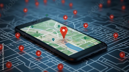 Concept of geofencing, featuring a digital map with virtual boundaries, a location pin, and a mobile device showcasing a geofencing app. Generative AI