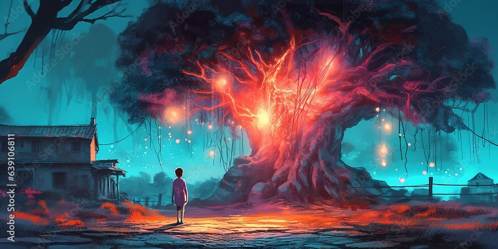 Girl looking at the glowing tree formed by the ruins of the house, digital art style, illustration painting Girl looking at the glowing tree formed by the ruins of the house, digital art style, illustration painting
