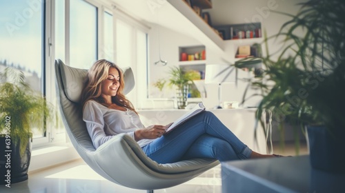 Young woman at home sitting on modern chair in front of window relaxing in her living room reading book, instagram toning