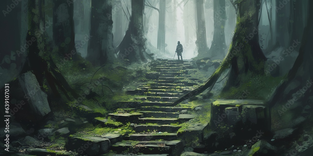 Man climbing stone stairs in the mysterious forest, digital art style, illustration painting Man climbing stone stairs in the mysterious forest, digital art style, illustration painting