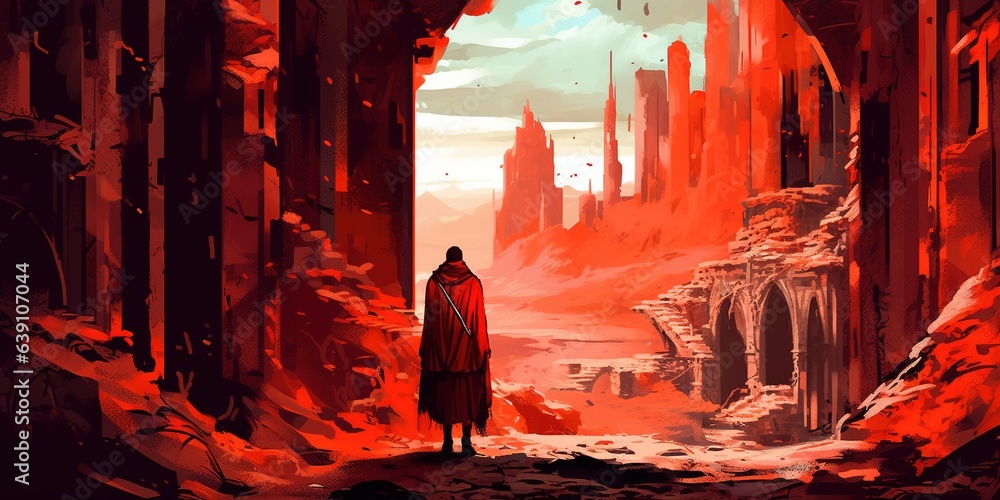 Man in the red robe looking at the ruins of the building in the fantasy land, digital art style illustration painting