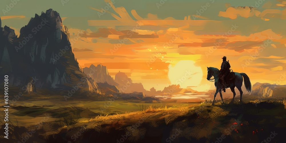 Man riding a horse and running through the hills basking in the morning sun. , digital art style, illustration painting