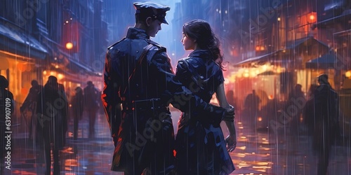 Lovers holding hands looking at soldiers in the rainy night, digital art style, illustration painting