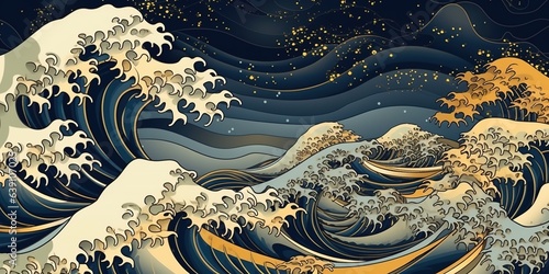 Luxury Blue and Gold Japanese Wave Illustration - Hand Drawn