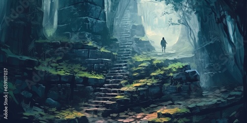 Man climbing stone stairs in the mysterious forest, digital art style, illustration painting