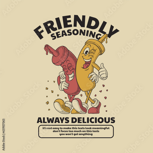 retro cartoon happy sauce and mustard bottles emblem