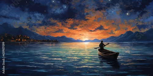Man rowing a boat in the sea under beautiful sky with stars, illustration painting