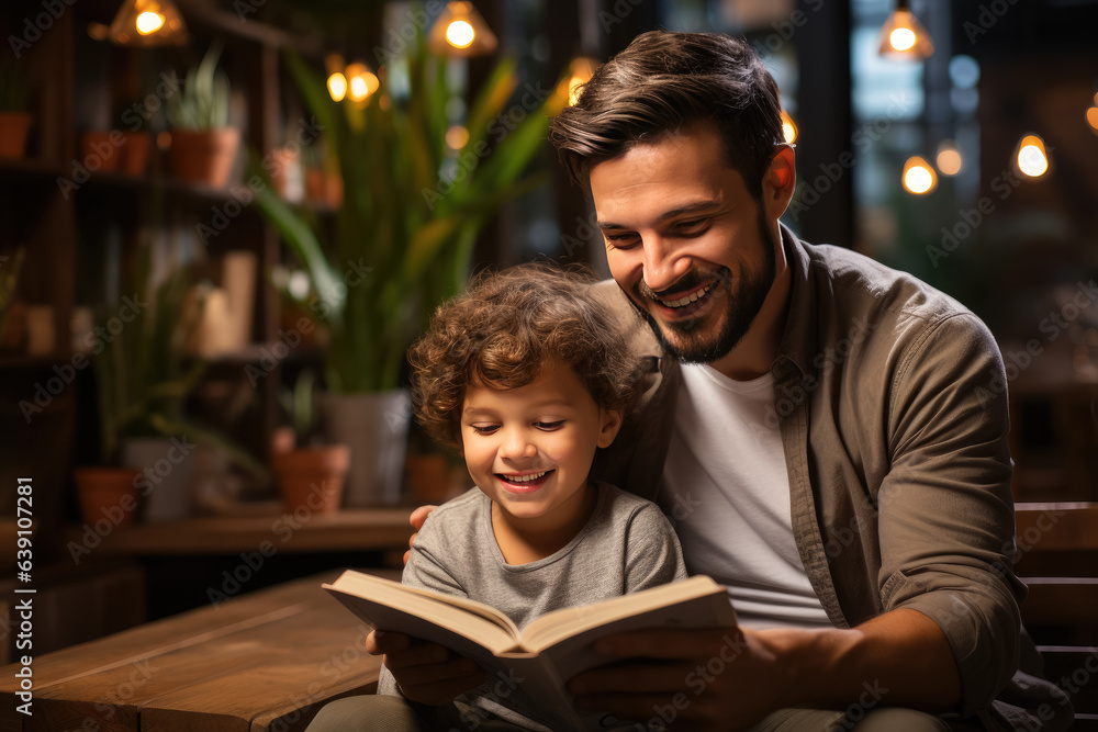 Happy father and child reading a book and smiling together at home , Reading a story sitting on couch at home , Created with generative AI