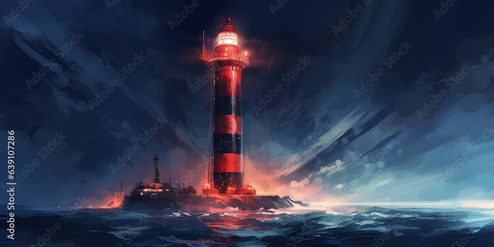 Night scenery of the big lighthouse in futuristic world, digital art style, illustration painting