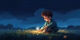 Night scene showing young boy with a little moon in his hands sitting on meadow, digital art style, illustration painting