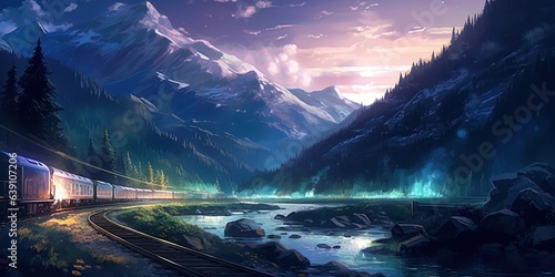 Night scene of train with glowing light passing through valley above river  illustration painting